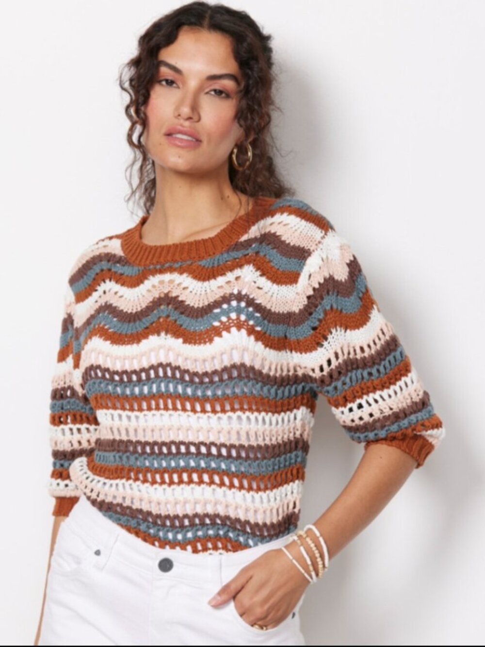 Evereve Arabella Multicolor Chevron Open Knit Short Sleeve Cotton Sweater L